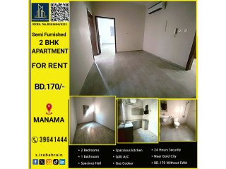 Semi Furnished 2 BHK Apartment for Rent in Manama Near Gold City BD.170/-
